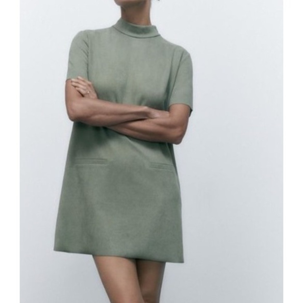 Zara Womens Sage Green Mock Neck Short Sleeve Mini Shift Dress Size XS NEW